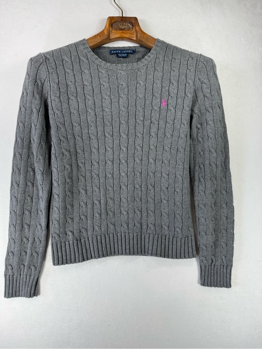 Ralph Lauren Gray Cable-Knit Crewneck Sweater with Pink Pony Embroidery